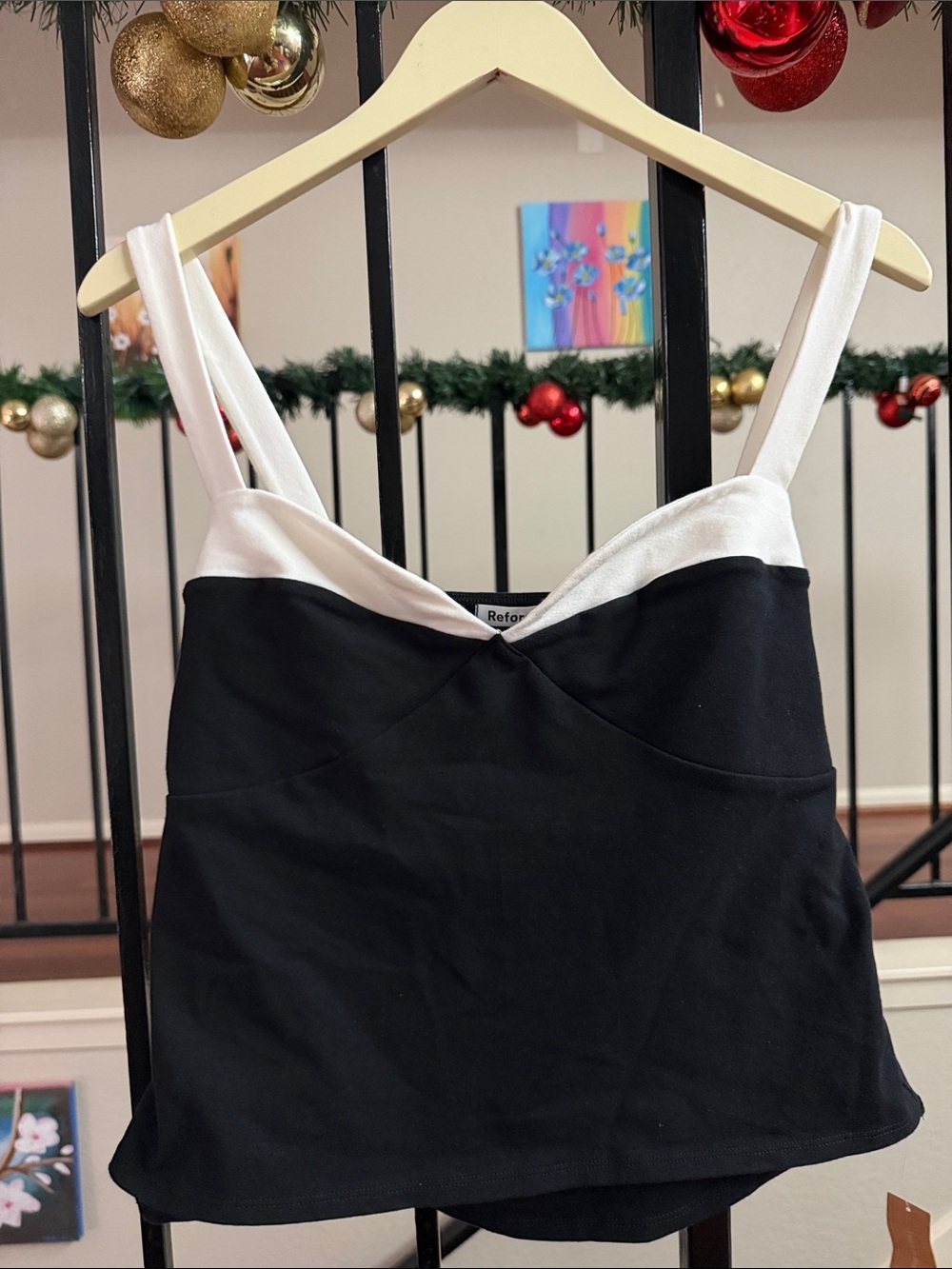 Reformation Black Camisole with White Straps and Trim
